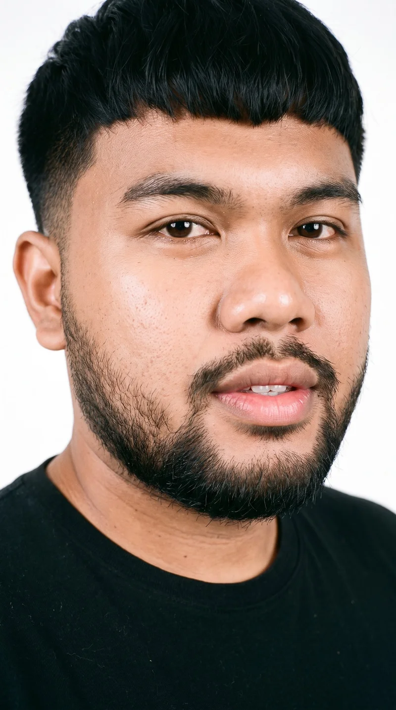 A 24-year-old Southeast Asian man with a medium skin tone and warm yellow undertone. His gaunt face has lean features, hollowed cheeks, and sharply sculpted bone structure, with thin eyebrows, brown eyes, and medium lips. He has deep black hair in a French crop with short sides and a short, blunt fringe, along with a short, full beard trimmed evenly with clean cheek and neckline edges.