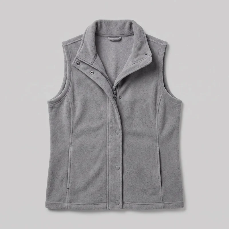 A grey women's fleece gilet is shown laid flat in a mostly complete front view. The sleeveless vest has a high stand collar, deep armholes with bound edges, an offset exposed zipper extending into the collar, and a snap-button storm placket with visible round snaps. Vertical seams, topstitched shoulder and side panels, two lower welt-style hand pockets, and a horizontal stitched hem band are visible.