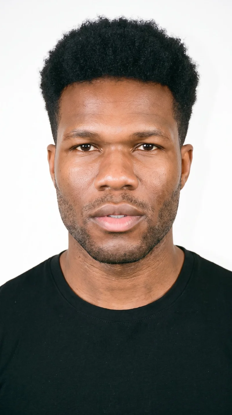 A 31-year-old African man with medium-brown skin and a warm golden undertone. His square face has a broad forehead and a strong, angular jaw. He has medium-thick eyebrows, brown eyes, and full lips. His black hair is styled in a short natural afro with gradually tapered sides and neckline, and very short facial hair creates a faint, even shadow across the beard area.