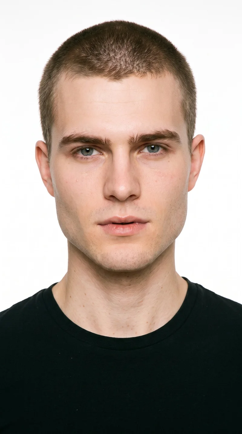 A 22-year-old Caucasian man with fair skin and a warm golden undertone. His face has a triangle shape, with a wide jaw narrowing toward the forehead and emphasis on the lower face. He has thick eyebrows, blue eyes with a cool undertone, and thin lips. His brown hair is clipped very short and evenly in a buzz cut, and he is clean-shaven with smooth skin across the face.