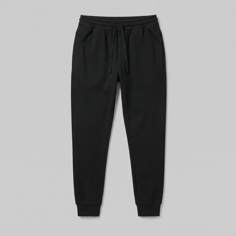 Black jogger sweatpants laid flat in a complete front view. The relaxed-fit design tapers from the upper legs to full-length ribbed ankle cuffs and features an elasticated waistband with a visible front drawstring, two side hand pockets, vertical side seams, and a central front seam with fly-shaped stitching.
