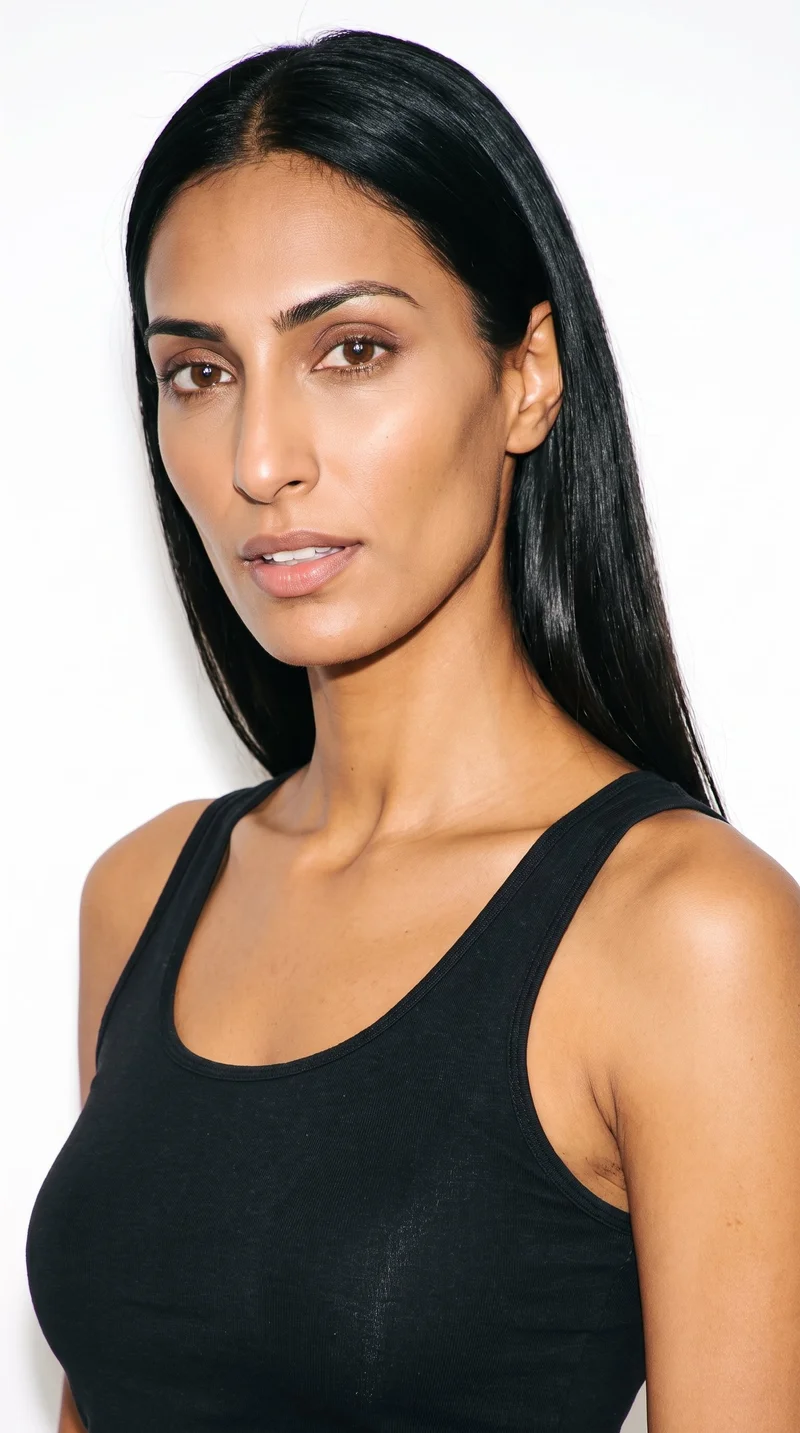 This 34-year-old Arab woman has caramel, medium-brown skin with an olive-green undertone. Her face has a doll-like structure with large, even features and soft, rounded proportions. She has medium-thickness eyebrows, brown eyes, and medium-sized lips. Her deep black hair is straight, smooth, and divided evenly at the centre.