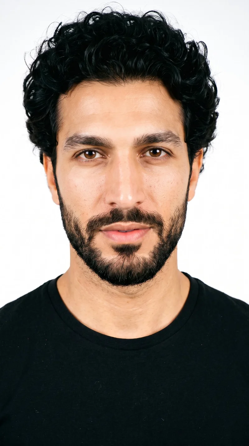 A 36-year-old Turkish man with a medium skin tone and warm golden undertone. His face has smooth, even, softly structured features in a refined balance, with thick eyebrows, brown eyes, and medium lips. His black hair forms defined, springy curls with natural volume, and he has a short, full beard kept evenly trimmed with clean cheek and neckline edges.