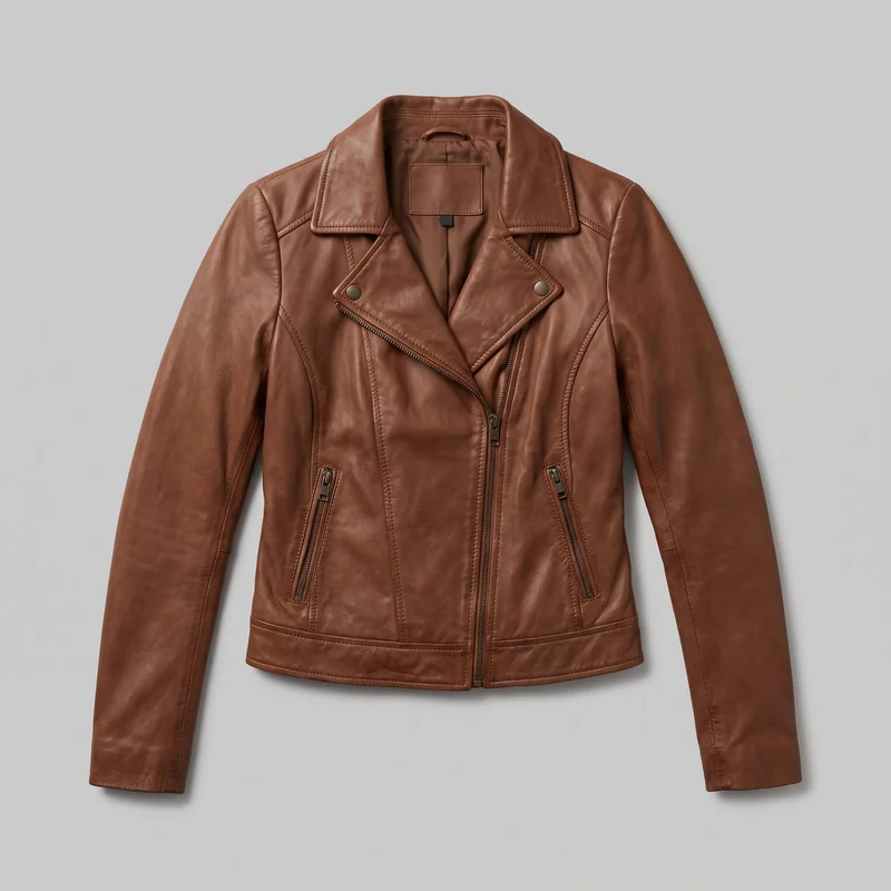 A women's brown leather moto-style biker jacket is laid flat in a mostly complete front view. It has a cropped tailored silhouette, long set-in sleeves, a wide pointed collar with notched lapels, an asymmetric front zip closure, metal snap studs on the lapels, two lower slanted zip pockets, visible shoulder yoke and curved front panel seams, and a straight banded hem.