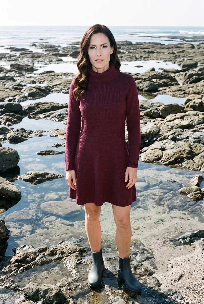 A 44-year-old Caucasian woman is shown full body from the front wearing a burgundy sweater dress. She stands with her ankles crossed and a natural facial expression, with tidal pool rocks forming the backdrop.