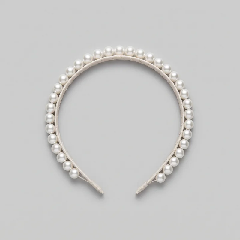 A complete U-shaped padded hair headband lies flat, showing its smooth fabric-wrapped band, raised rounded profile, and tapered wrapped tips at the open ends. Evenly spaced round pearl-like beads line the outer arc from one tip around the crown to the other, while diagonal wrapped seam lines are visible along the inner band.