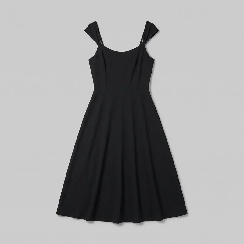A complete front flat-lay view of a black sleeveless fit-and-flare midi dress. It has a broad scoop neckline, wide shoulder straps with folded flared ends and narrow inner slit openings near the shoulders, curved armholes, a close-fitting tailored bodice with princess-style vertical seams, and a defined horizontal waist seam. The full A-line skirt hangs away from the waist with soft vertical folds and a gently wavy hem.