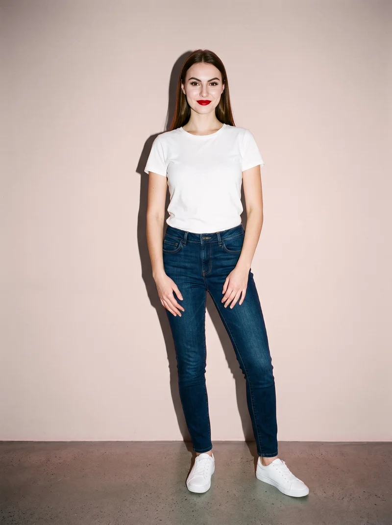 A 19-year-old Caucasian woman models women’s indigo slim jeans in a full-body front view, standing with her hands in front and a natural facial expression. A powder pink studio-wall backdrop frames the composition.