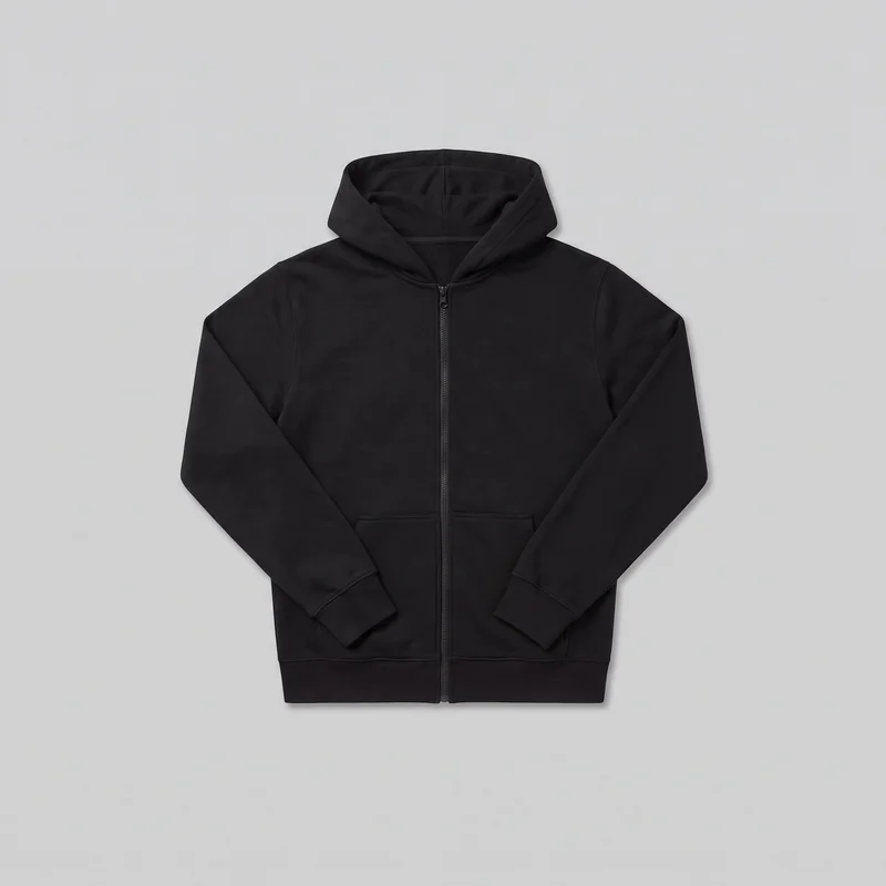 A black men's zip-up hooded sweatshirt is laid flat in a front standalone view. The garment has a raised hood without visible drawcords, a center-front zipper, long sleeves with ribbed cuffs, a straight ribbed hem, and split kangaroo-style front pockets.