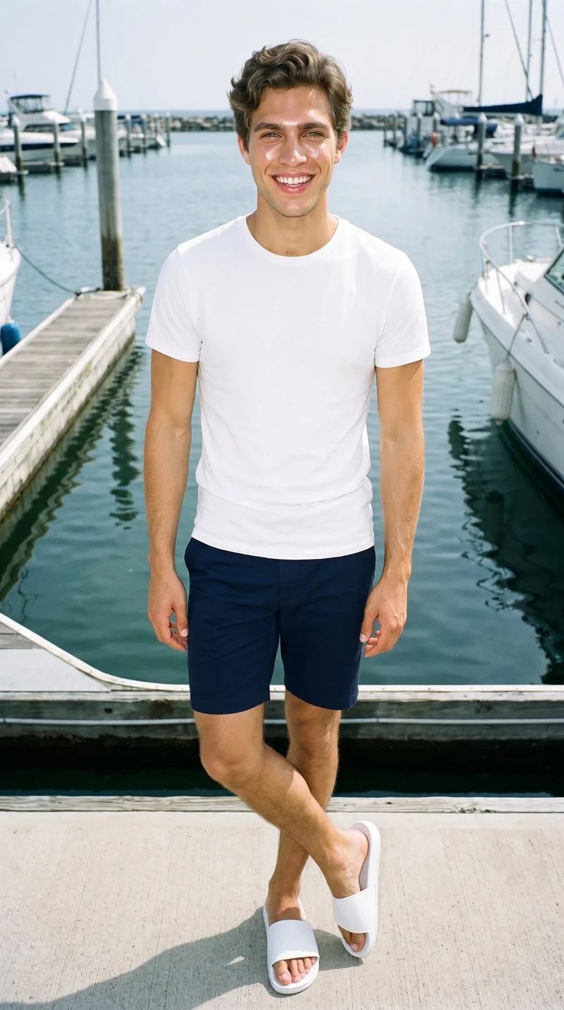 A 24-year-old Caucasian man wears white sliders in a full-body front view, standing with his ankles crossed and grinning. A golden marina yacht harbor serves as the backdrop.