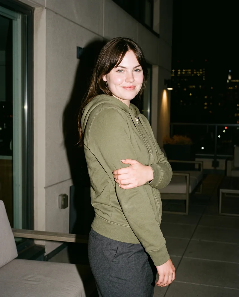 Women's Olive Zip-Up Hoodie, Three-quarter length at Three-quarter, Flash Editorial lighting
