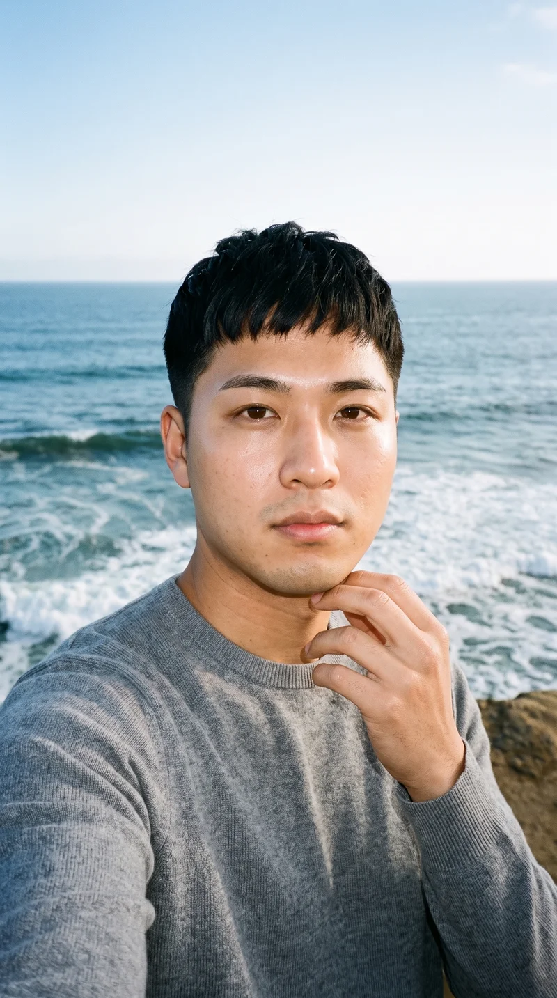Men's Grey Cashmere Knit, Selfie at Front, Clean Catalog lighting