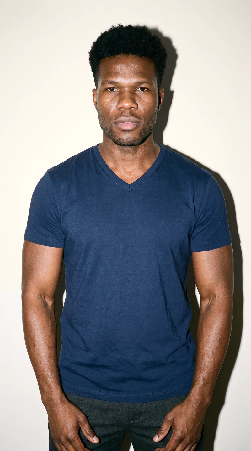 Men's Navy V-Neck T-shirt, Upper body at Front, Flash Editorial lighting