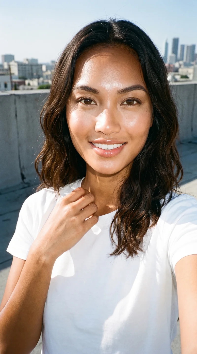 Women's White Crew-Neck T-shirt, Selfie at Front, Flash Editorial lighting