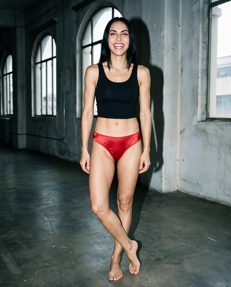 Red Satin Knickers, Full body at Front, Flash Editorial lighting