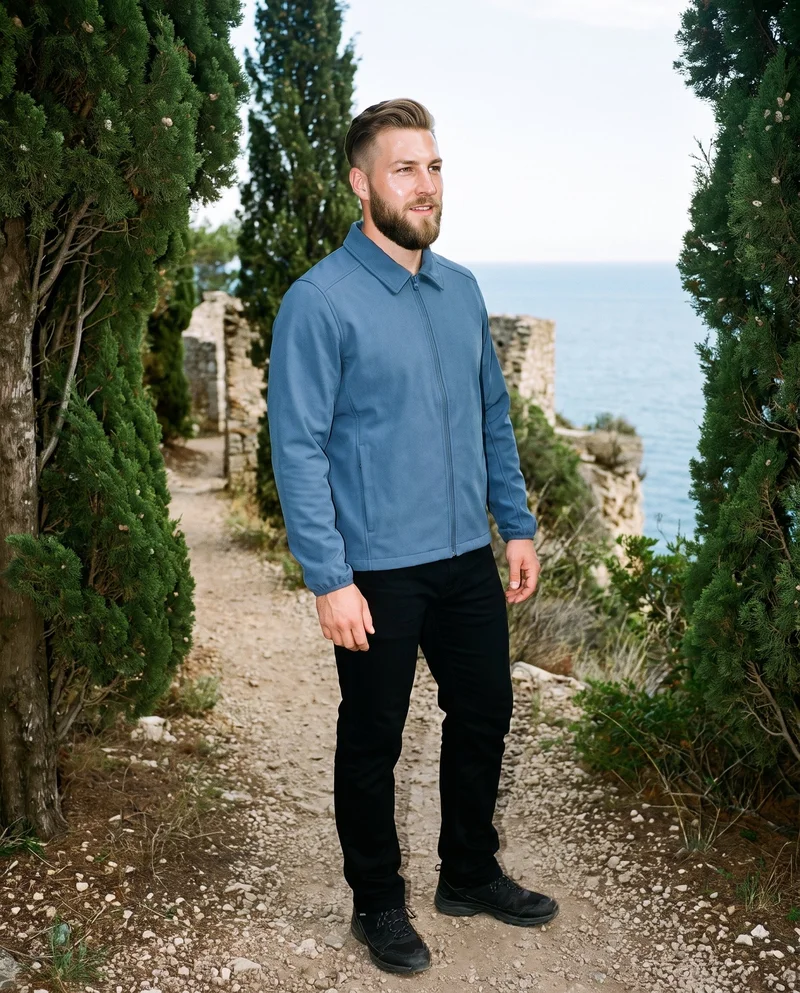 A 26-year-old Caucasian man stands straight in an angled front view wearing a men's blue softshell jacket. His full body is shown against a coastal trail cypress ruins backdrop, with a natural facial expression.