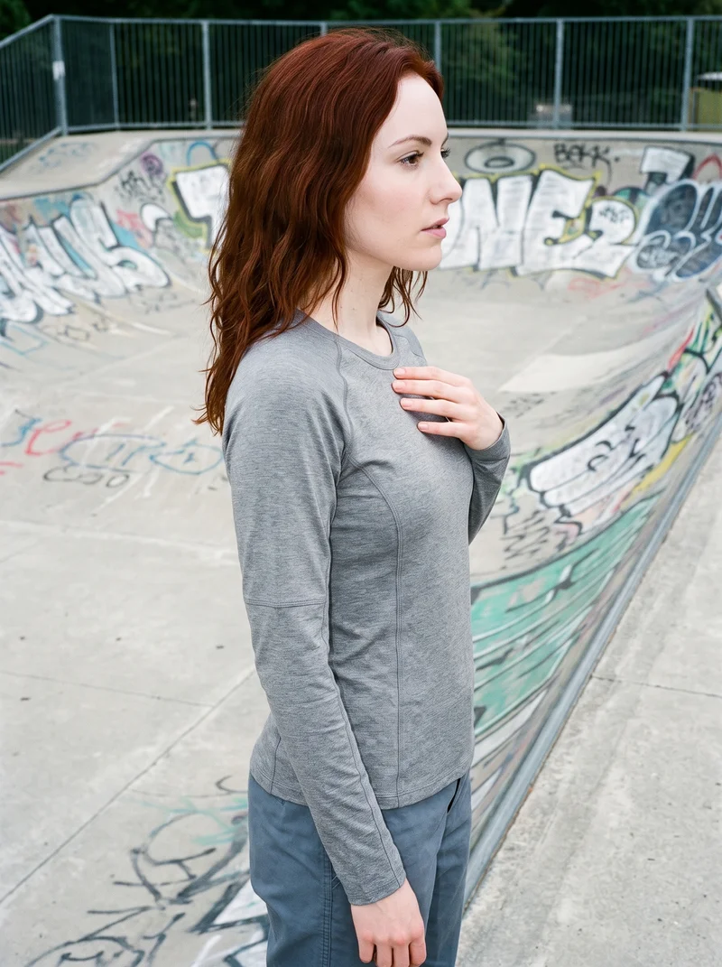 A 25-year-old Caucasian woman is shown from the upper body in side view, with her fingers resting at her chest and a confident expression. She is wearing a grey moisture-wicking performance top, with a skate park backdrop.