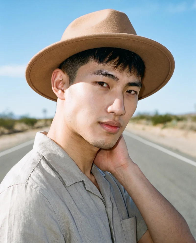 Men's Camel Felt Fedora, Upper body at Three-quarter, Clean Catalog lighting
