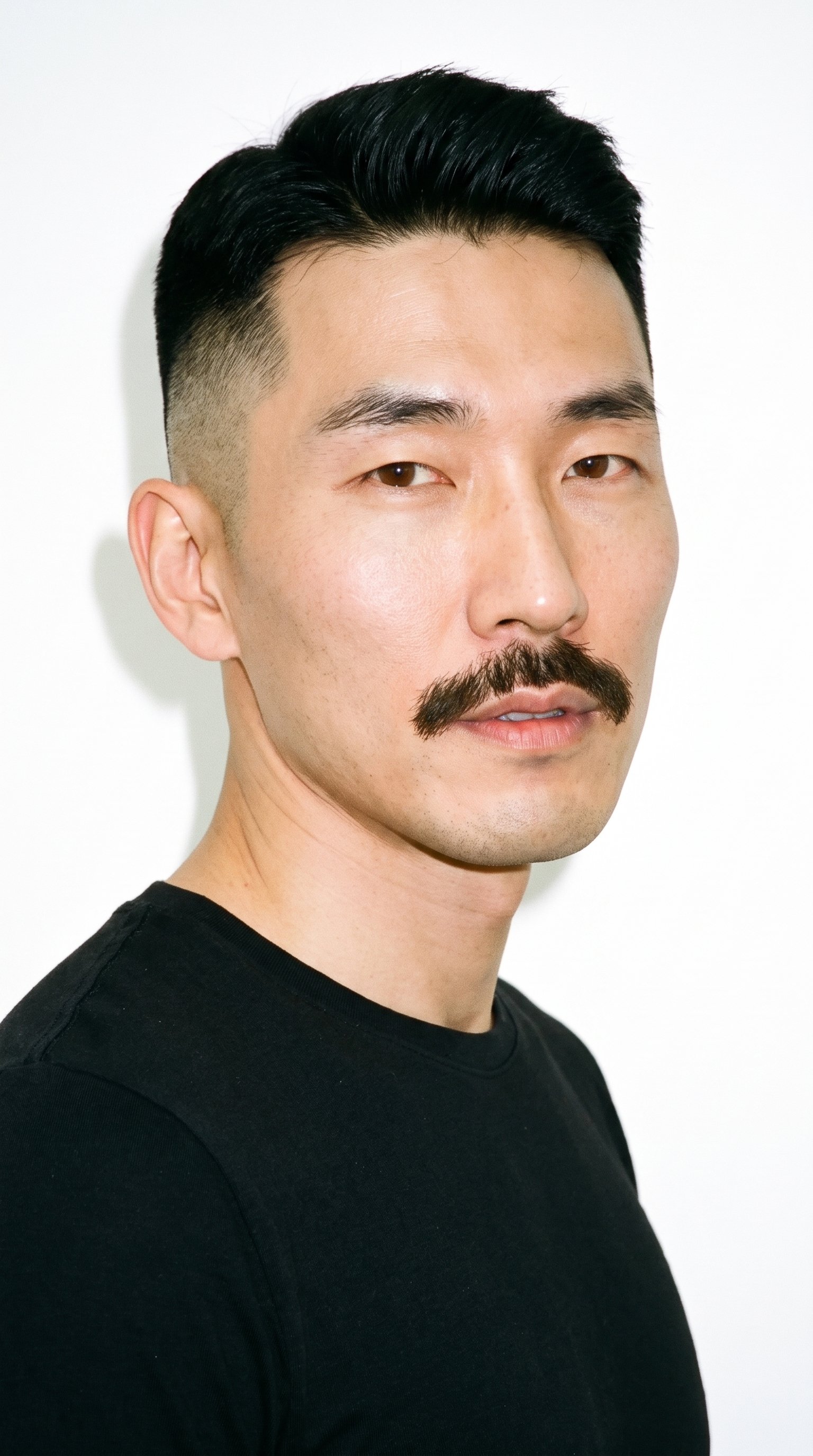 A 46-year-old Korean man with fair skin and a cool undertone has a square face defined by a broad forehead and strong, angular jaw. He has medium-thickness eyebrows, brown eyes, and thin lips beneath a full, thick chevron mustache angled downward at the sides. His black hair is longer on top and tapers to very short sides, blending down to the skin.