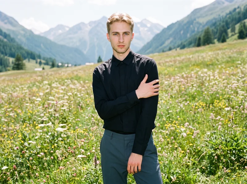 A 21-year-old Slavic man wears a black grandad shirt in a three-quarter-length frame, shown from a front three-quarter angle with one arm held. He has a neutral facial expression, with a wildflower mountain meadow used as the backdrop.