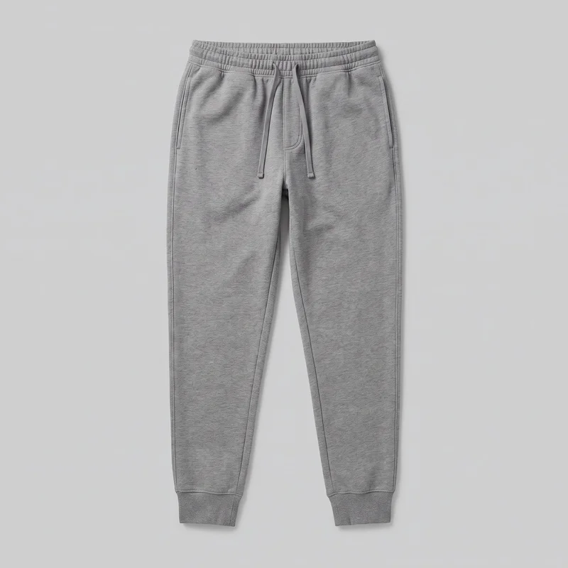 Grey jogger sweatpants laid flat in a full standalone front view. The relaxed tapered design has full-length legs, an elasticated waistband with an adjustable drawstring and two hanging cord ends, vertical slash pockets near the hips, a stitched fly-style front detail, side seams, and ribbed ankle cuffs with visible seam construction. No logos, prints, patches, embroidery, or embellishments are visible.