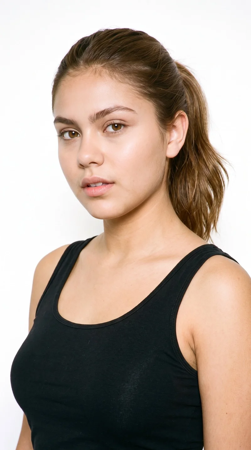 A 19-year-old Hispanic woman with medium skin and an olive-green undertone. Her face is round, with soft, full contours and gentle curves, thick eyebrows, medium lips, and hazel eyes with green-gold flecks. Her brown hair is tied back into a ponytail.