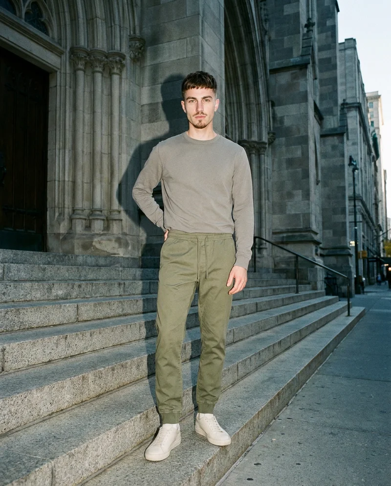 A 31-year-old Caucasian male model wears olive cuffed joggers in a full-body front view, standing with his weight back and a neutral expression. Cathedral steps form the downtown-view backdrop.