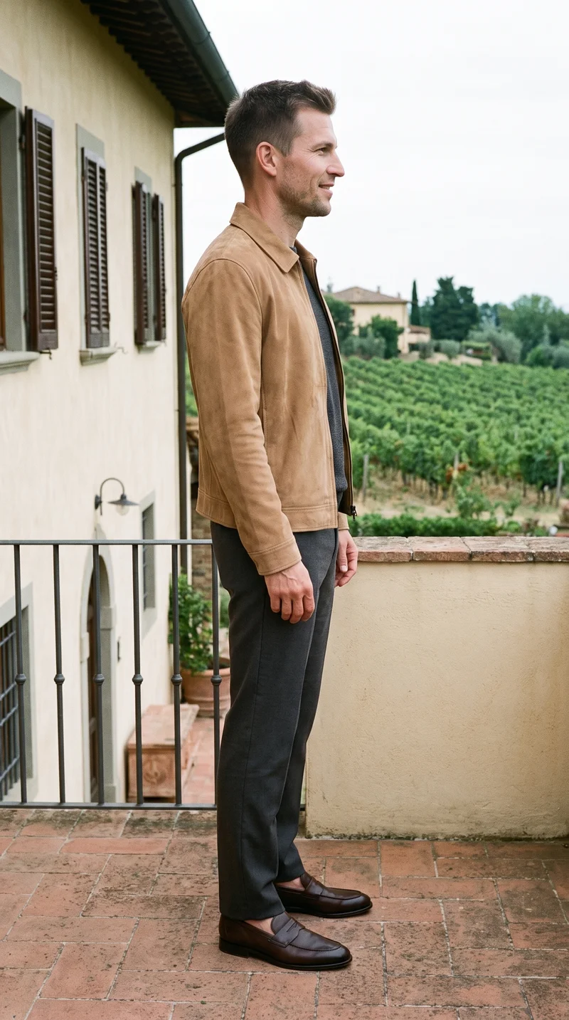 A 44-year-old Caucasian man wears a tan suede jacket in a full-body side view, posed with one hip out and smiling. An Italian villa terrace forms the backdrop.