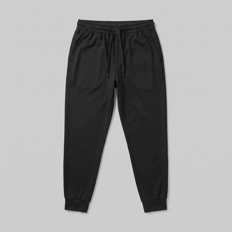 Men's black performance joggers shown laid flat in a complete front view. The pants have a gathered elastic waistband with a front drawstring, angled side-entry pockets in curved seam panels, tapered legs, and fitted ankle cuffs.
