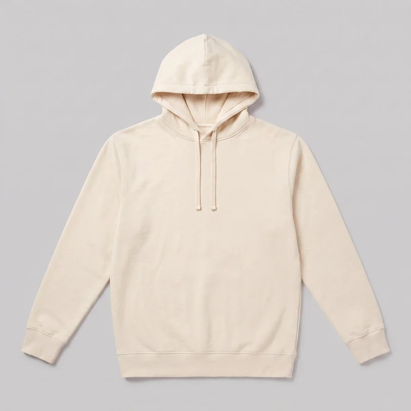 A mostly complete front view of a cream pullover hooded sweatshirt laid flat against an unspecified backdrop. The raised hood has a center seam, stitched opening edge, and two flat drawcords with capped ends; the sweatshirt has long sleeves with ribbed cuffs, visible shoulder and sleeve seams, a plain front, and a straight ribbed bottom hem. No front pocket, closure, logo, print, patch, embroidery, or embellishment is visible.
