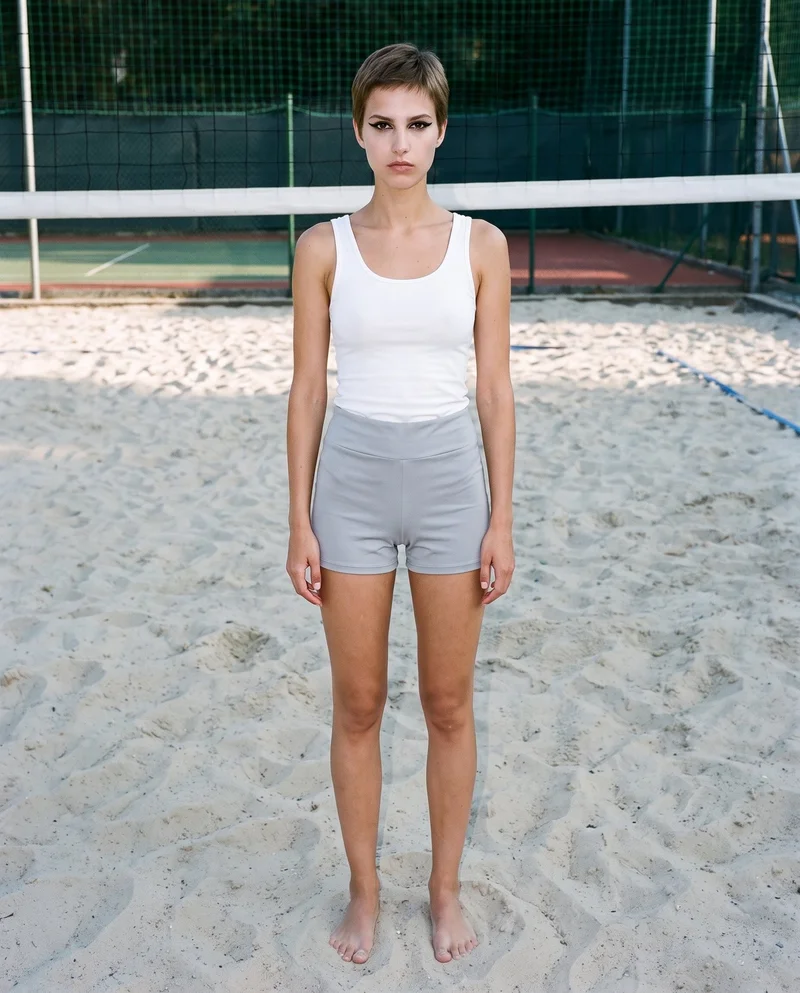 A 25-year-old Slavic woman is shown full body from the front, standing straight with a serious expression. She is wearing grey gym shorts, with a beach volleyball court as the backdrop.