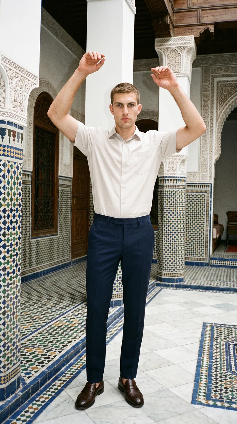 Men's Navy Wool Tailored Trousers, Full body at Three-quarter, Clean Catalog lighting