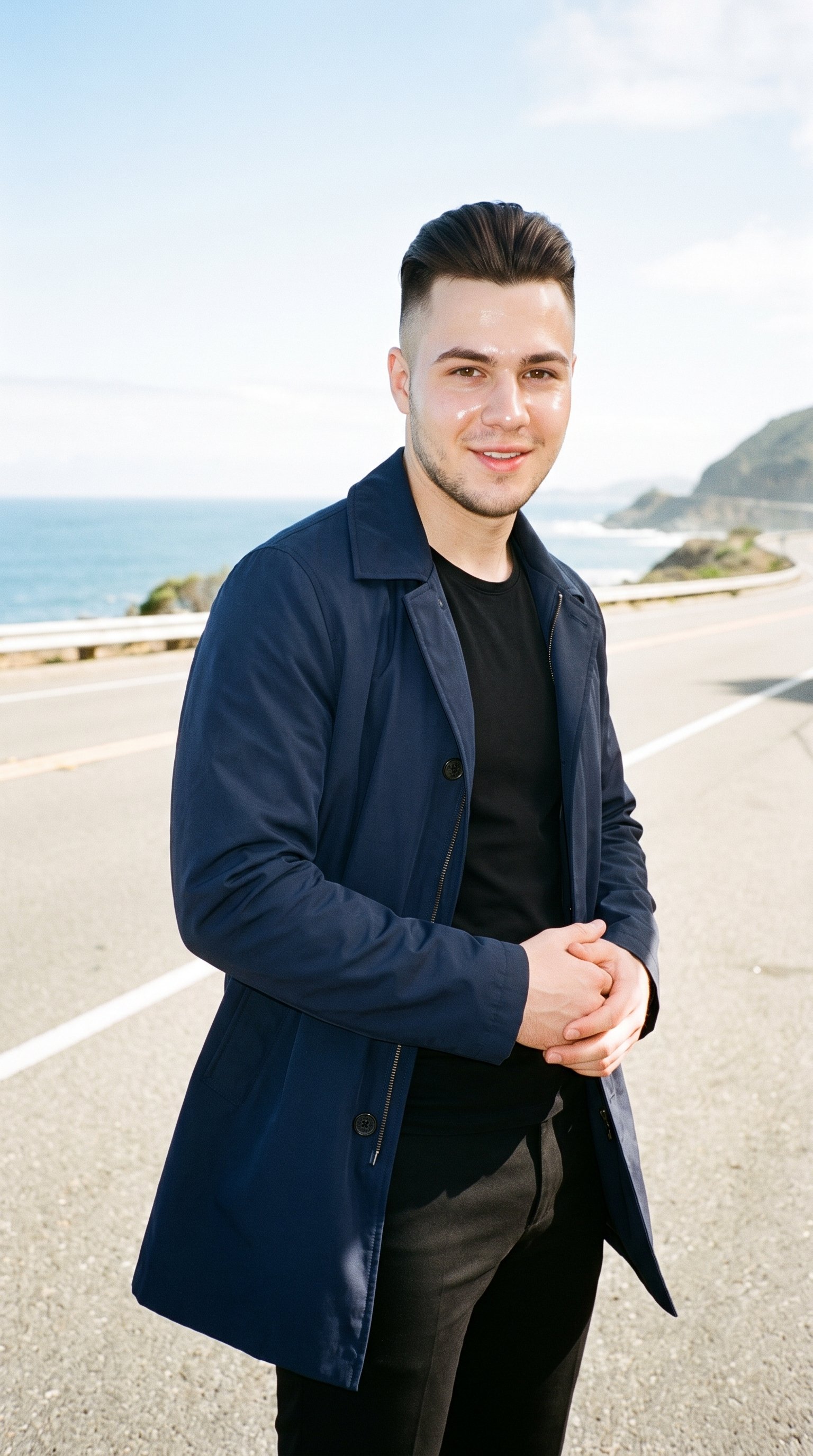 A 21-year-old Slavic man wears a navy waterproof raincoat, shown from an angled front view in a three-quarter-length frame with his hands held in front. He is smiling, with the Pacific Coast Highway as the backdrop.