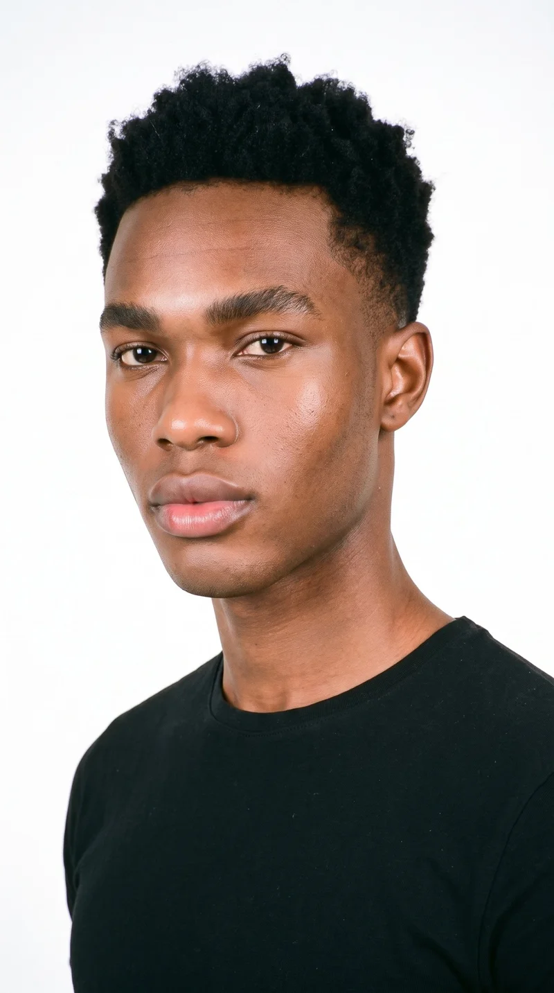 This 20-year-old African man has copper-brown skin with a neutral, reddish-copper undertone. His face has a smooth, even structure with soft, refined features and balanced proportions. He has thick eyebrows, very dark near-black eyes, and very full lips. His black hair is styled in a short textured crop with layered texture on top and closely cut sides. He is clean-shaven, with a smooth face free of facial hair.