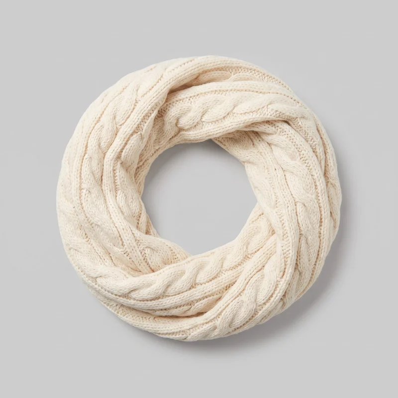 A cream infinity scarf is laid flat in a complete circular loop, viewed from above. Its wide, rounded band features raised braided cable-knit panels alternating with narrower ribbed channels and textured stitch sections, with the open center clearly visible. No closures, fringe, logos, prints, patches, embroidery, or other embellishments are visible.