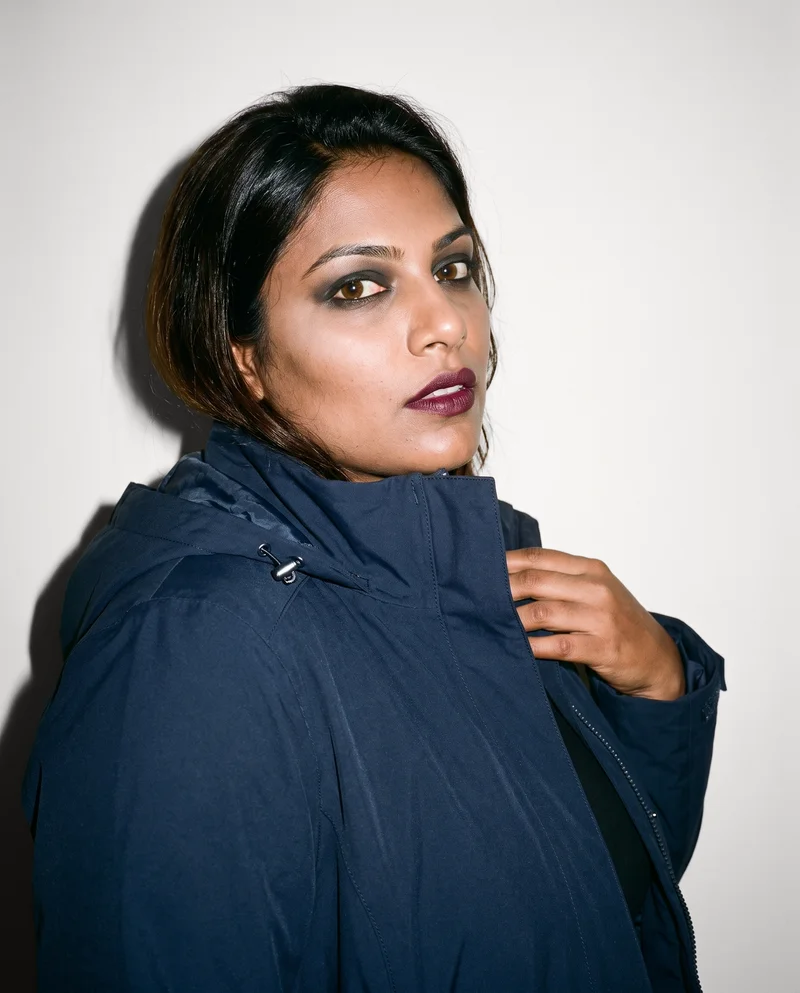 Women's Navy Waterproof Parka, Selfie at Front, Flash Editorial lighting