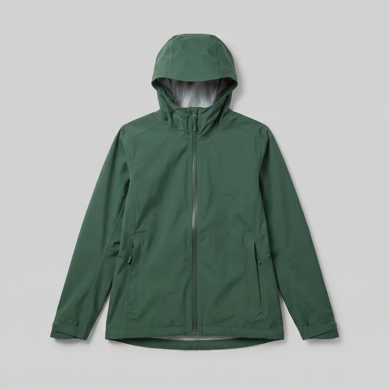 A mostly complete front view of a green waterproof jacket laid flat against a backdrop. It has a hood, a high stand neckline, a full-length center zipper, long sleeves with adjustable tab cuffs, lower side zip hand pockets, vertical front panel seams, curved shoulder and upper chest seams, and a slightly curved hem with a subtly longer back edge.