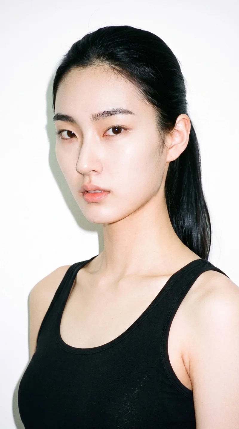 A 19-year-old Korean woman with light porcelain skin and a cool undertone. Her face is elongated with refined structure and high cheekbones, framed by thick eyebrows and very dark, near-black eyes. She has thin lips and deep black hair tied back into a single-length ponytail.
