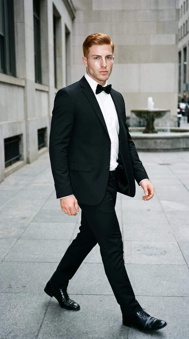 An 18-year-old Caucasian male model is shown full body from an angled front view while walking, wearing a black satin bow tie. The image uses an editorial facial expression against a Fountain Plaza backdrop.