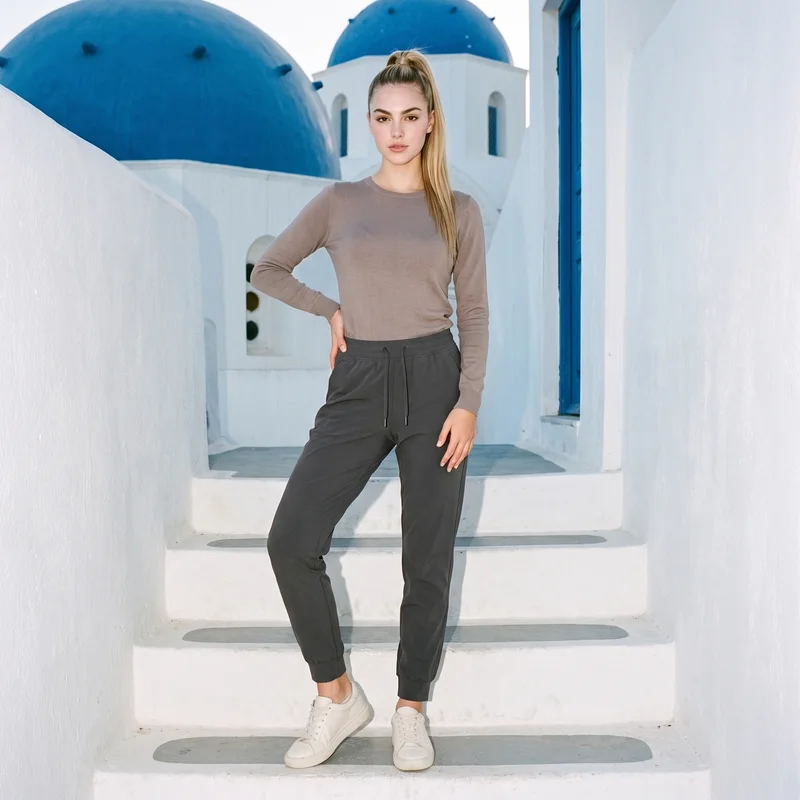 Women's Charcoal Tech Joggers, Full body at Front, Natural E-Commerce lighting