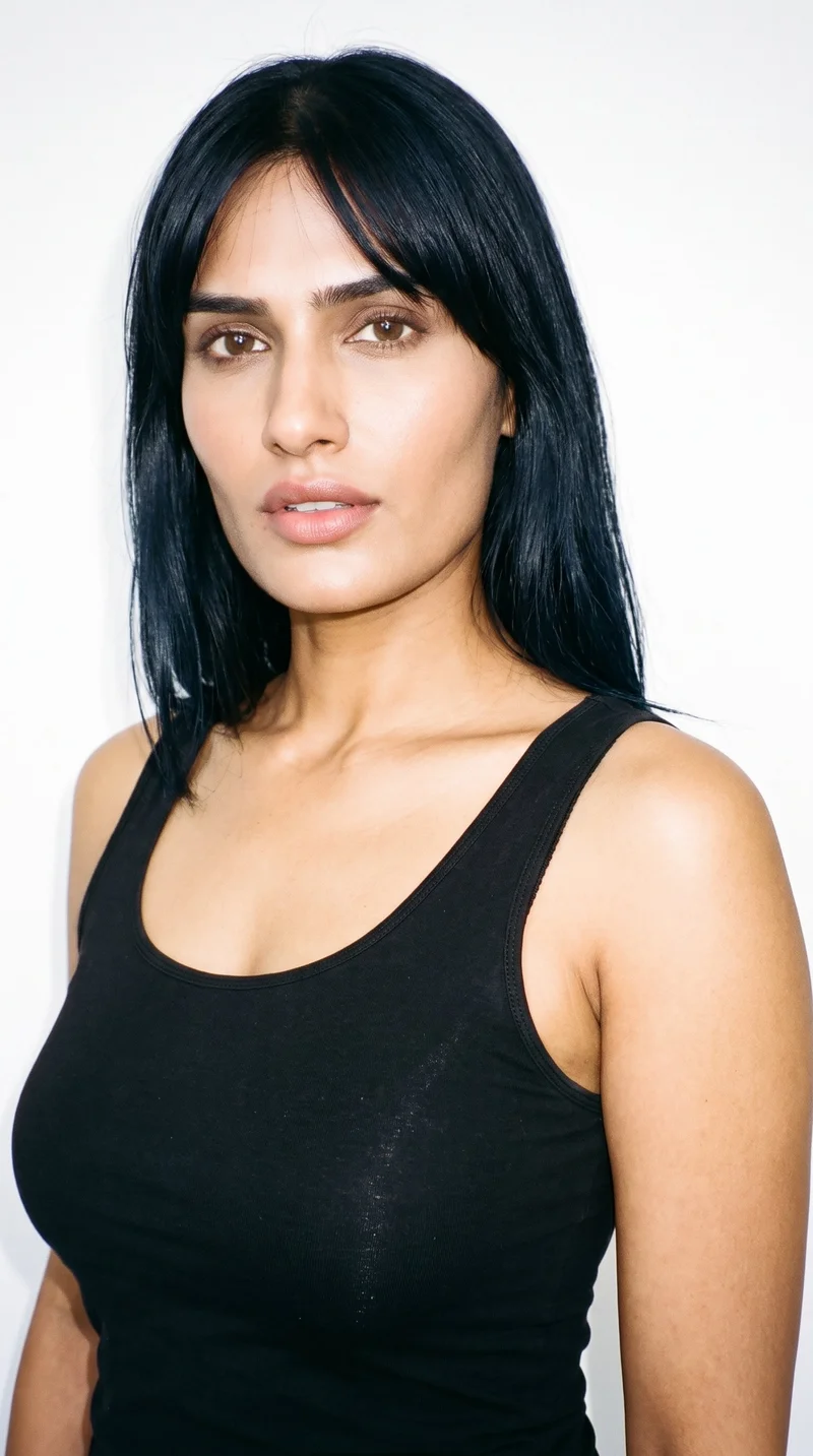 A 37-year-old Indian woman with warm honey-toned skin and a golden undertone. Her square face has a broad forehead and a strong, defined jaw, creating an angular, structured appearance. She has medium-thickness eyebrows, brown eyes, and very full lips. Her deep black hair is styled with a centre part and longer curtain bangs framing both sides of her face.