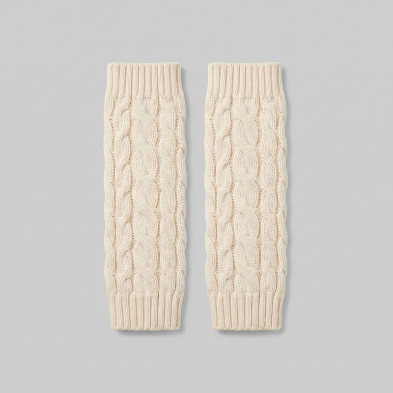 A matching pair of cream tubular leg warmers is laid flat. Each pull-on piece has open ends, deep ribbed bands at the top and bottom, raised vertical cable-knit panels, and narrower rib channels through the body.