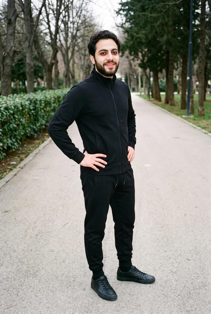 A 22-year-old Arab man wears a black men's tracksuit in a full-body angled-front view, standing with his hands on his hips and a natural facial expression. A park pathway forms the backdrop.