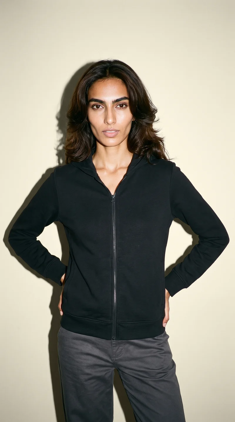 A 20-year-old Indian woman wears a black zip-up hoodie in a front-facing three-quarter-length view. She stands with her hands on her waist and a confident expression against an eggshell studio-wall backdrop.