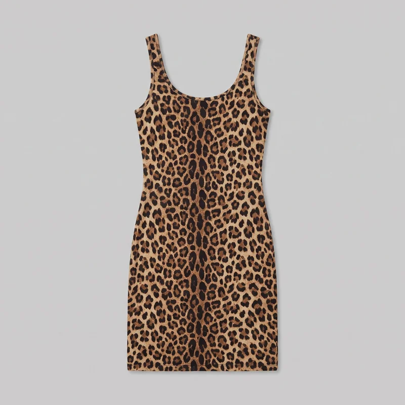 A complete flat front view shows a sleeveless women's mini dress with an all-over leopard spot print. It has a close-fitting straight silhouette, scoop neckline, wide shoulder straps, deep armholes, narrow bound edges, visible side shaping through the torso, and a straight stitched hem.