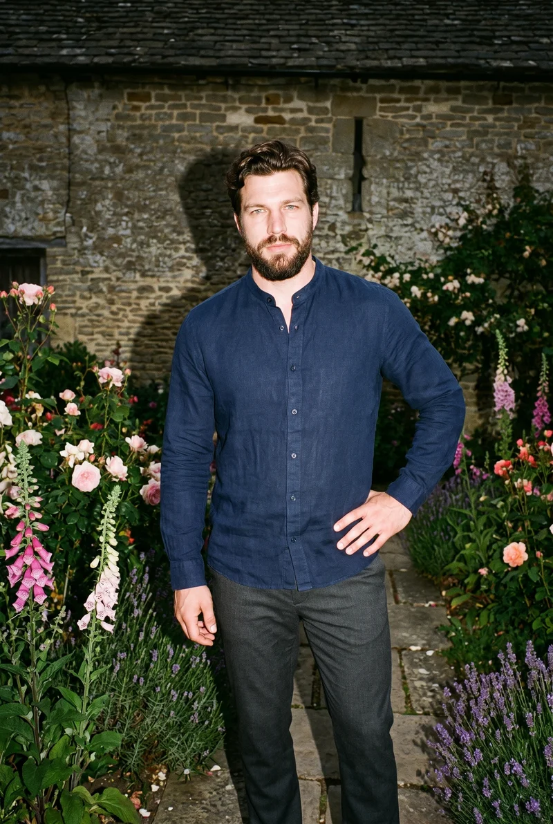 Navy Linen Grandad Shirt, Three-quarter length at Front, Flash Editorial lighting