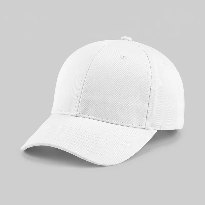 A mostly complete three-quarter front view of a white structured six-panel baseball cap. The cap has a rounded crown, vertical panel seams meeting at a covered top button, embroidered ventilation eyelets, a raised seam band above the pre-curved brim, and multiple curved rows of stitching along the brim. No logos, prints, patches, embroidery, or other embellishments are visible.