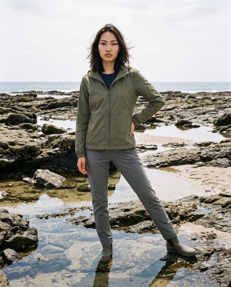 A 22-year-old Chinese woman wears an olive packable windbreaker in a full-body front view, standing with one foot forward and a natural expression. Tidal pool rocks form the backdrop.