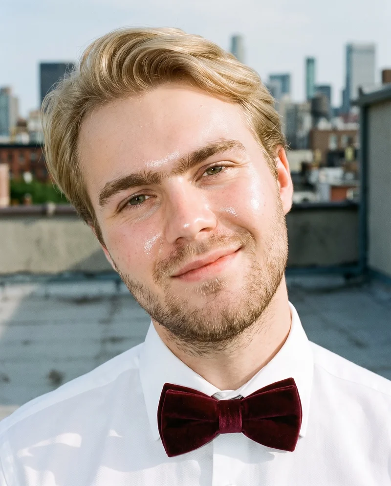 A 21-year-old Caucasian man is shown from the bust in a front view wearing a burgundy velvet bow tie. His head is tilted with a natural facial expression, against a rooftop cityscape backdrop.