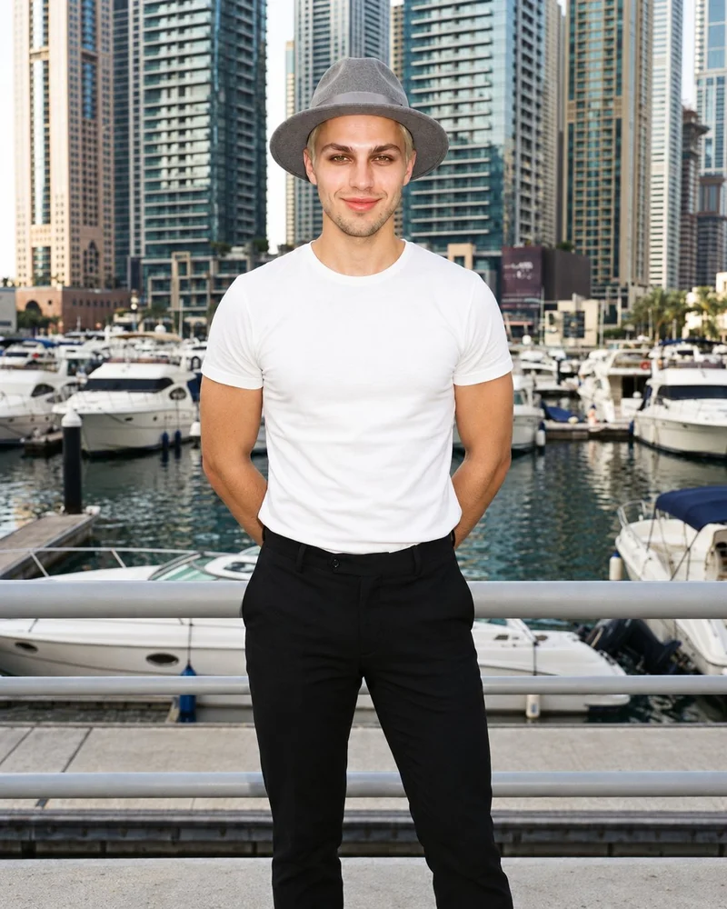 An 18-year-old Caucasian male model wears a men's grey fedora in a three-quarter-length front view. He stands with his hands behind his back and a natural expression, with a Dubai Marina backdrop.